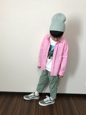 「apres les cours（アプレレクール）のアイテム（ニットキャップ/ビーニー）」を使った、あさっぴー☆さん（キッズ・120cm）の春コーディネート