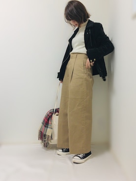 「ベロア」｜「アイテム（ライダースジャケット）」を使った、tomoeさん（レディース・150cm）の冬コーディネート