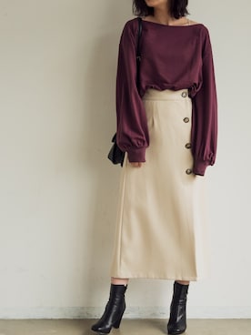 「Aunt Marie's（アントマリーズ）のWEARISTA YUKI × AUNT MARIE'S ミニ裏毛ボリュームスリーブTOPS（Tシャツ/カットソー）」を使った、sakiさん（レディース・168cm）の秋コーディネート