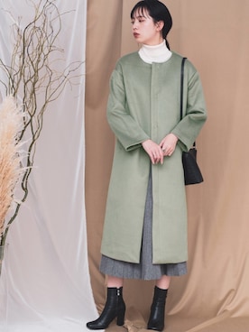 「アイテム（チェスターコート、グリーン系）」を使った、sakiさん（レディース・168cm）の冬コーディネート