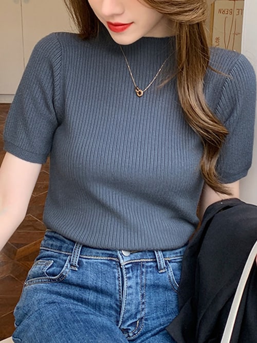 FENNEL ❣️ブラック リブ編み 半袖ニット　新品未使用　ぽっぽ セール】プチハイネック半袖リブニット（ニット/セーター