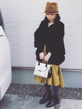 「ラビットファー」｜「アイテム（帽子）」を使った、kumicooooさん（レディース・157cm）の冬コーディネート