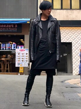 「RICK OWENS」｜「アイテム（ライダースジャケット）」を使った、Iam Will Iamさん（メンズ・176cm）の春コーディネート