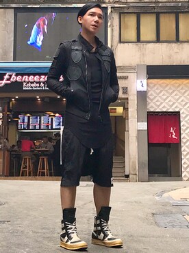 「RICK OWENS」｜「アイテム（ライダースジャケット）」を使った、Iam Will Iamさん（メンズ・176cm）の春コーディネート