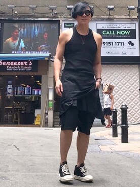 「DRKSHDW by RICK OWENS（ダークシャドウ バイ リックオウエンス）のアイテム（Tシャツ/カットソー）」を使った、Iam Will Iamさん（メンズ・176cm）の夏コーディネート