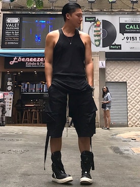 「DRKSHDW by RICK OWENS（ダークシャドウ バイ リックオウエンス）のアイテム（Tシャツ/カットソー）」を使った、Iam Will Iamさん（メンズ・176cm）の夏コーディネート