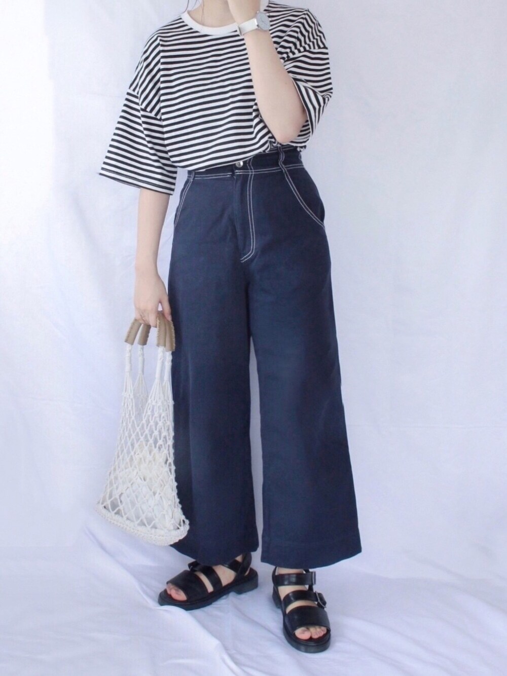 「ボーダー、ボーダートップス、ワイドパンツ、低身長、ラフコーデ、サンダル、Tシャツ、ビッグシルエット、かごバッグ、夏セールで買いました」｜「tiptopの2020SS　綿100％BIG半袖Tシャツ（Tシャツ/カットソー、その他）」を使った、りつ。さん（レディース・154cm）の夏コーディネートの1枚目の写真