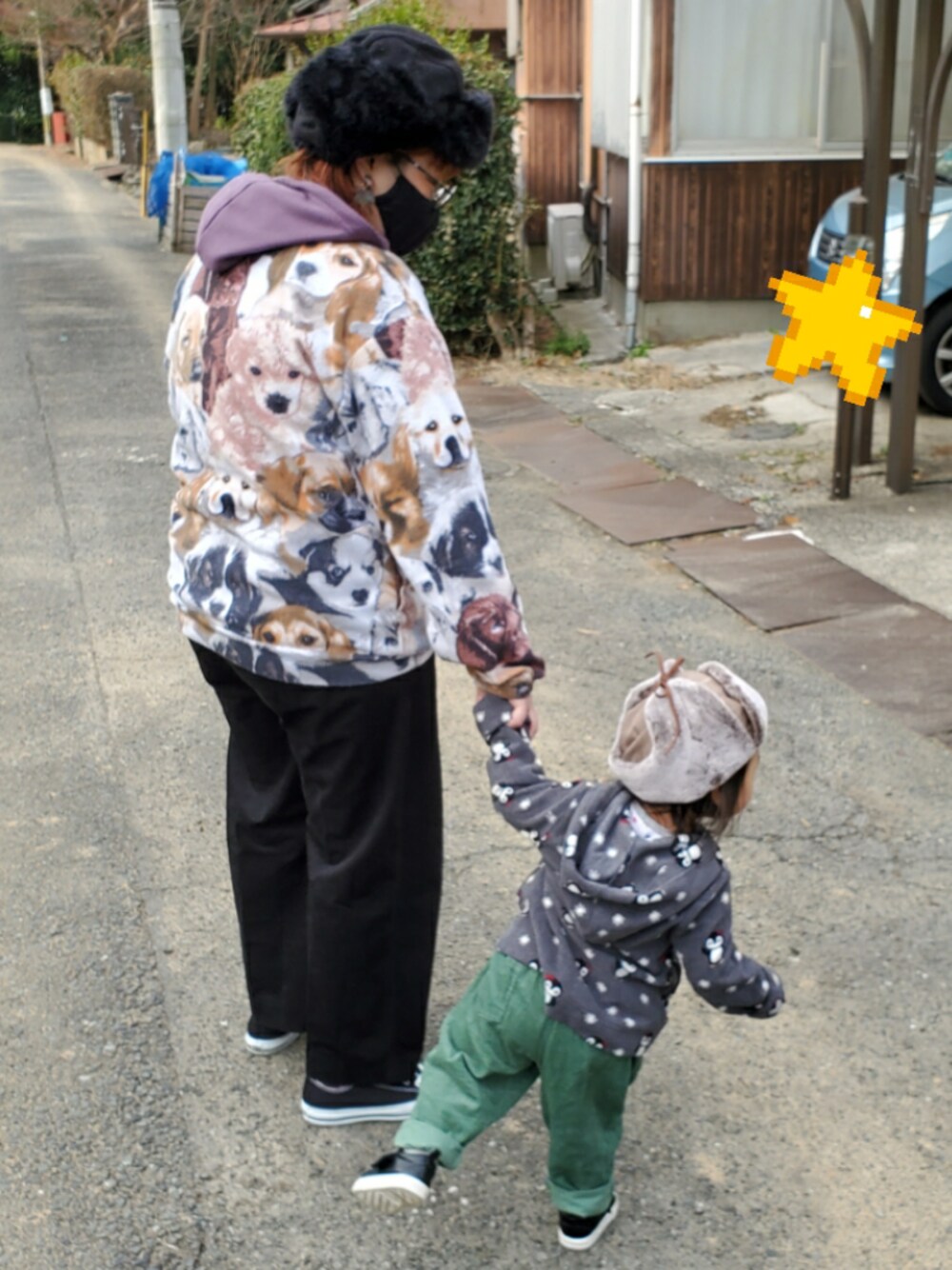 「おやこーで。、親子コーデ、リンクコーデ、アニマルプリント、犬柄、ペンギン柄、コーデュロイパンツ、パイロットキャップ、でぶ、古着」｜「BLACK MOUNTAINのアイテム（ノーカラージャケット、その他）」を使った、もこもこさん（レディース・162cm）の冬コーディネートの1枚目の写真