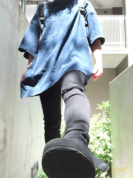 「GU（ジーユー）のアイテム（Tシャツ/カットソー、ブルー系）」を使った、みゆさん（レディース・147cm）の夏コーディネート
