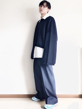「JOHN LAWRENCE SULLIVAN（ジョンローレンスサリバン）のRIGID DENIM WIDE PANTS（デニムパンツ）」を使った、Taikiさん（メンズ・169cm）の秋コーディネート