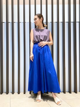 サニーレーベル スカート 青 リネンコットンギャザーマキシスカート