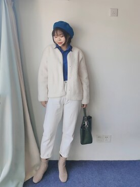 「通勤穿搭」｜「アイテム（ノーカラージャケット）」を使った、zhoucancanさん（レディース・156cm）の冬コーディネート