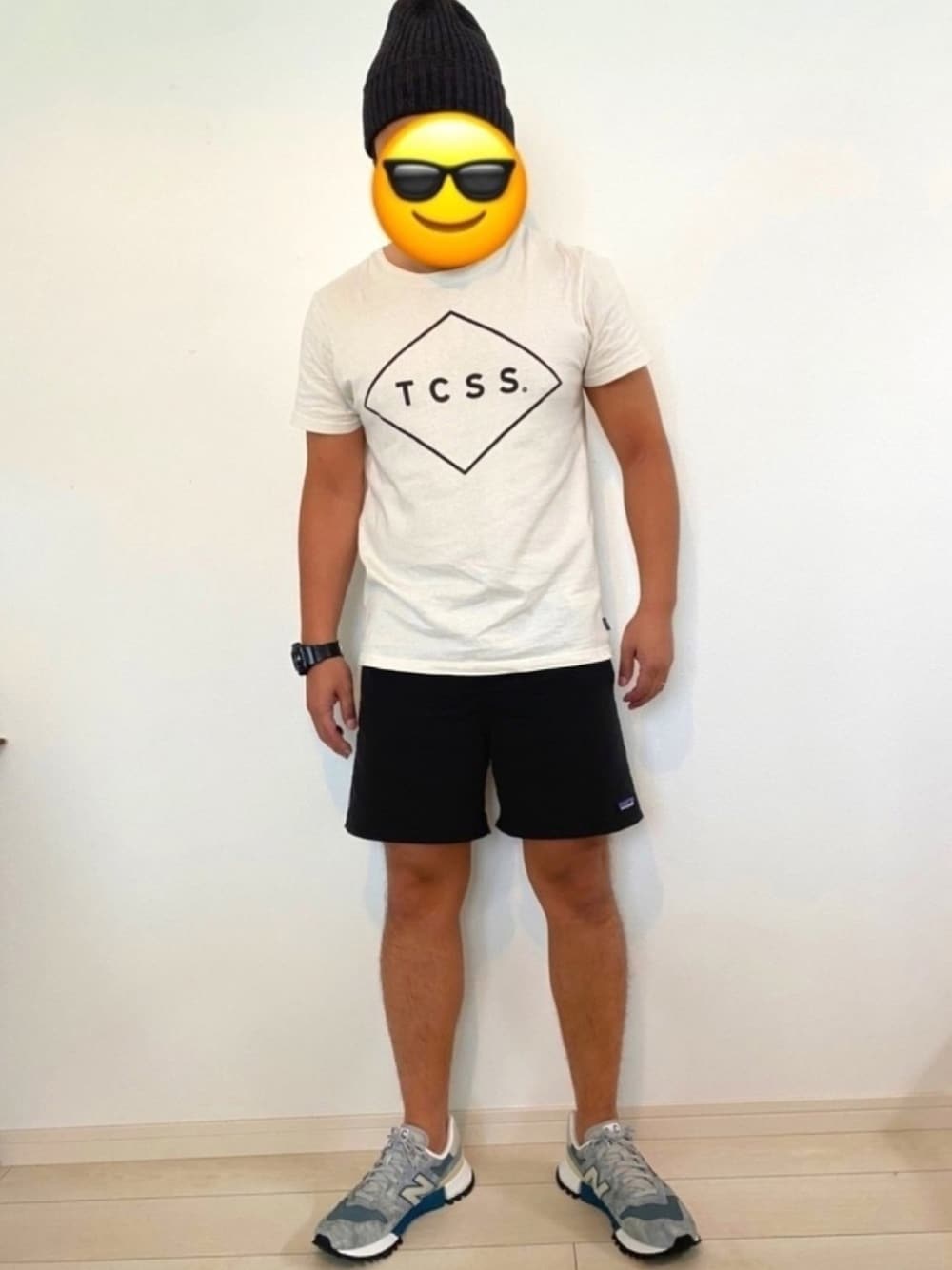 「New Balance、new balance 1300、tcss、patagonia、バギーズショーツ、Ron Herman、限定スニーカー、MS1300TB、R_C1300 TB、大人カジュアル」｜「TCSSのTCSS  / ザクリティカルスライドソサエティー : STANDARD TEE #（Tシャツ/カットソー、ホワイト系）」を使った、oyabaka jさん（メンズ・168cm）の夏コーディネートの1枚目の写真