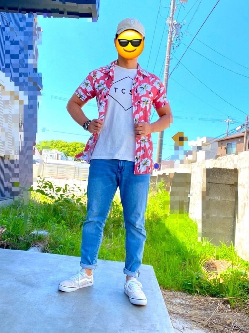 「タウンユース、tcss、RHC、Ron Herman、VANS、シャツスタイル、シャツコーデ、シャツ好き集まれ、キャップ」｜「VANSのVANS ヴァンズ V36CF CALM　OLD SKOOL SAND（スニーカー、ベージュ系）」を使った、oyabaka jさん（メンズ・168cm）の夏コーディネートの1枚目の写真