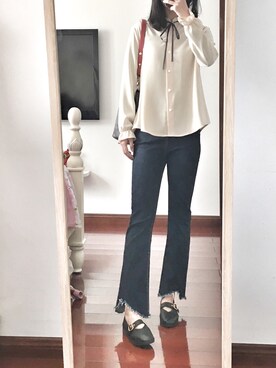 「me@cityのアイテム（シャツ/ブラウス、ベージュ系）」を使った、NYRachelNYさん（レディース・162cm）の春コーディネート