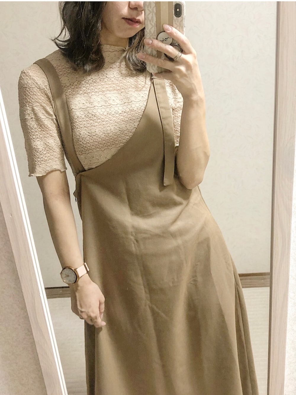 「今日のコーデ、ベージュコーデ、ブラウンコーデ、ワンピース、GU、プチプラ、ワントーンコーデ、夏コーデ」｜「GUのアイテム（トップス、ベージュ系）」を使った、ぷるさん（レディース・157cm）の夏コーディネートの1枚目の写真