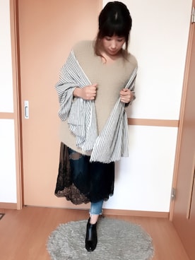 「Ungrid（アングリッド）のインディゴフレイドヘムストスリ（デニムパンツ）」を使った、funnymaさん（レディース・163cm）の冬コーディネート