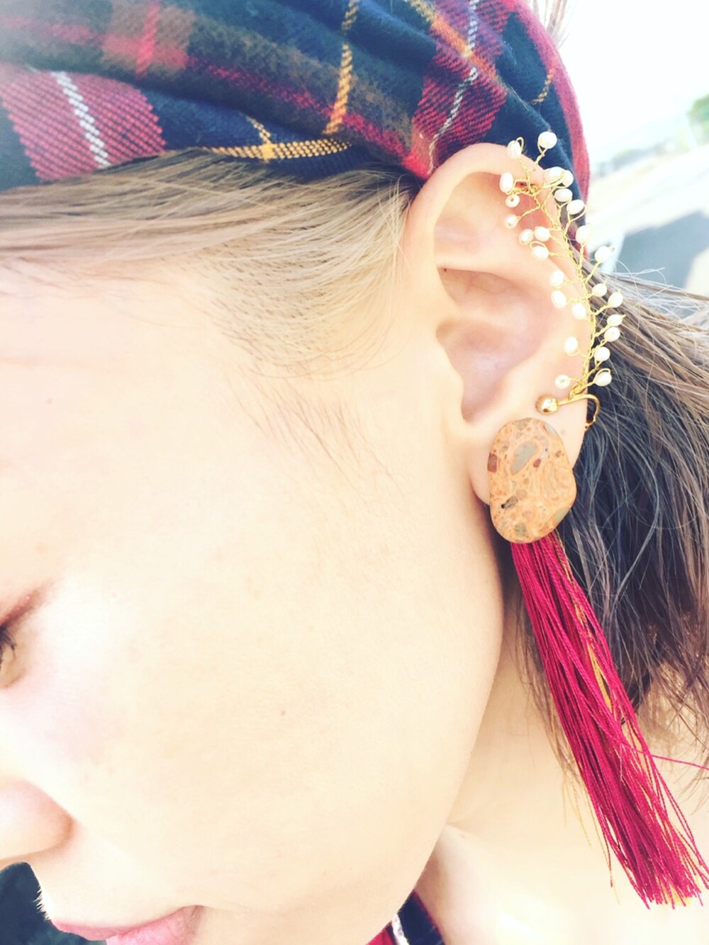 「片耳用イヤリング、片耳用、イヤリング、可愛い、チェックターバン」｜「MIMAEのアイテム（ヘアアクセサリー、その他）」を使った、adocoaさん（レディース・162cm）の秋コーディネートの1枚目の写真