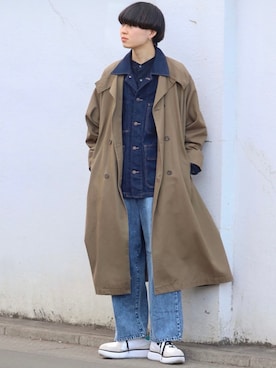 「ノーカラーシャツ」｜「アイテム（トレンチコート）」を使った、かざまくんさん（メンズ・176cm）の冬コーディネート
