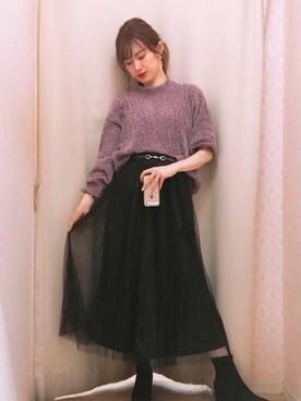 「earth music&ecology（アースミュージックアンドエコロジー）のチュールプリーツスカート＊（スカート）」を使った、amiさん（レディース・164cm）の冬コーディネート