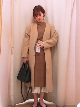 「earth music&ecology（アースミュージックアンドエコロジー）のアイテム（チェスターコート）」を使った、amiさん（レディース・164cm）の冬コーディネート