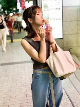 「one after another NICE CLAUP（ワンアフターアナザーナイスクラップ）のアイテム（タンクトップ、ブラウン系）」を使った、のんのんさん（レディース・147cm）の夏コーディネート