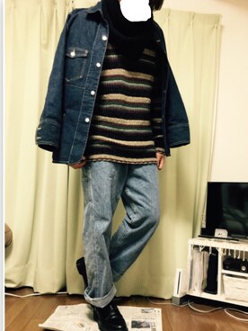 「ボーダーニット」｜「アイテム（カバーオール）」を使った、ノエルさん（メンズ・179cm）の冬コーディネート