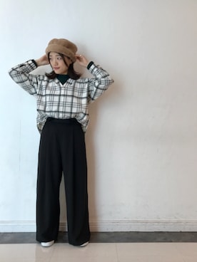 「スキッパーシャツ」｜「アイテム（ハンチング/ベレー帽）」を使った、misakiさん（レディース・151cm）の秋コーディネート