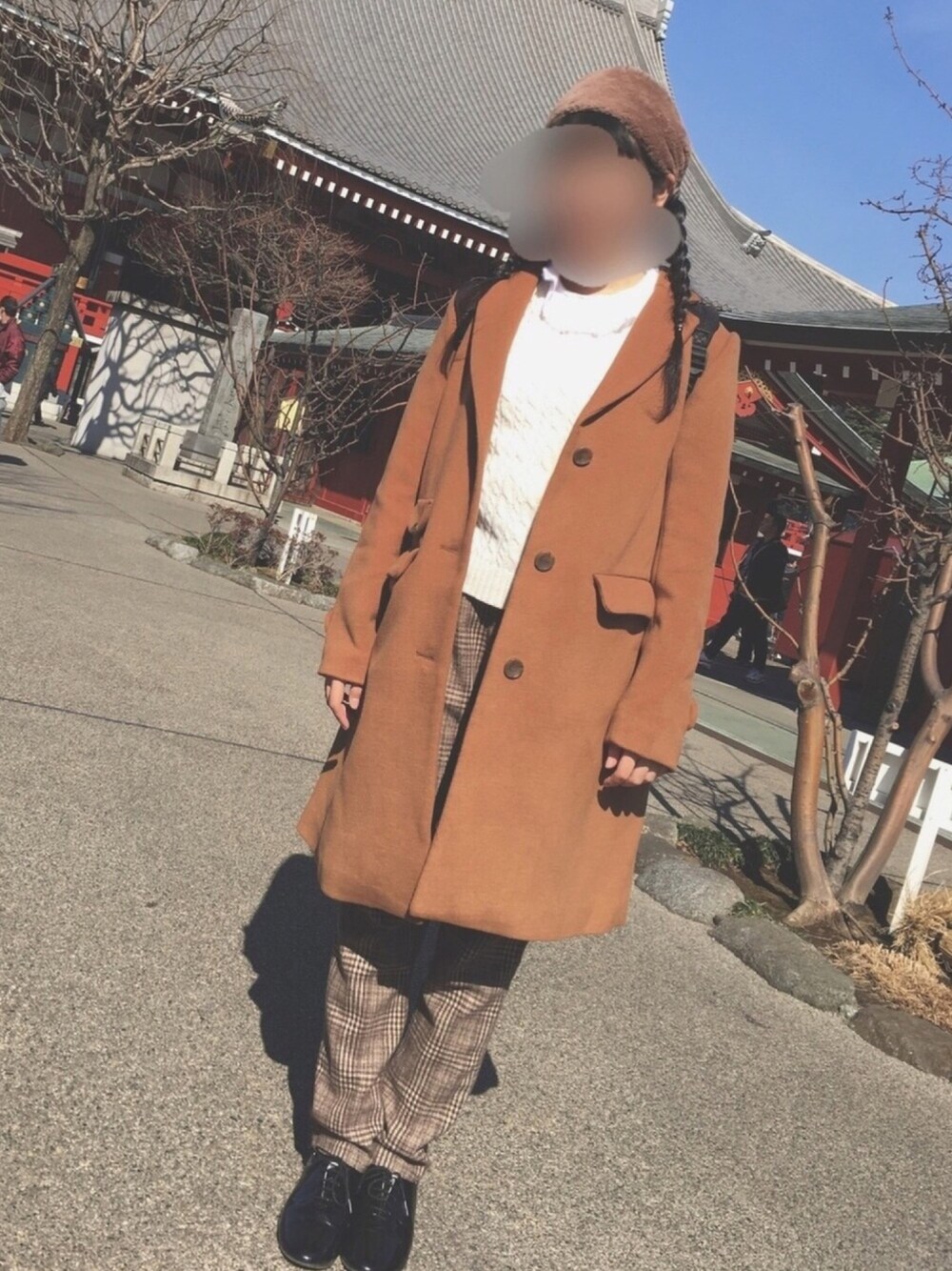 「ヘアターバン、チェックパンツ、ピエロ襟、merlot、pou dou dou、wcloset、GU」｜「MERLOTのアイテム（ヘアバンド、ブラウン系）」を使った、イトさん（レディース・158cm）の冬コーディネートの1枚目の写真