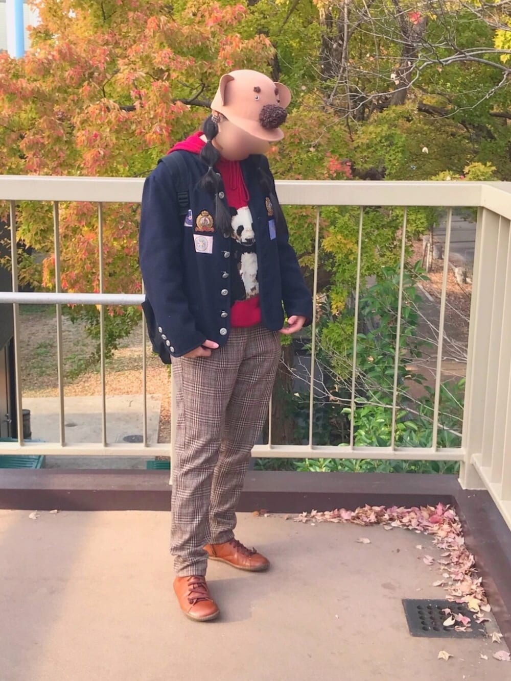 「フェルトキャップ、フード付き、チェックパンツ、コアラ、パンダ、アニマル、ne-net、PINK HOUSE、wcloset、CAMPER」｜「Ne-netのアイテム（キャップ、ブラウン系）」を使った、イトさん（レディース・158cm）の秋コーディネートの1枚目の写真