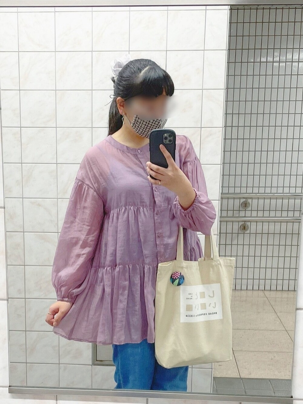 「ティアード、シアー、チュニック、ブラウス、透け感、デニム、pou dou dou、ROPE' PICNIC(ROPE' PICNIC)、シンプルコーデ、デニムコーデ」｜「POU DOU DOUのシアーティアードチュニックブラウス（シャツ/ブラウス、パープル系）」を使った、イトさん（レディース・158cm）の夏コーディネートの1枚目の写真