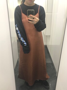 「袖プリント」｜「アイテム（ワンピース/ドレス）」を使った、yuさん（レディース・152cm）の秋コーディネート