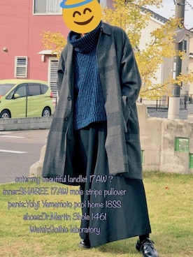 「my beautiful landlet（マイビューティフルランドレット）のアイテム（ステンカラーコート）」を使った、新宮さん（メンズ・178cm）の秋コーディネート