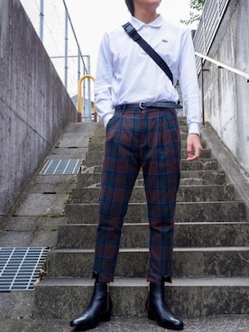 「レザーブーツ」｜「アイテム（スラックス）」を使った、nomiさん（メンズ・174cm）の秋コーディネート
