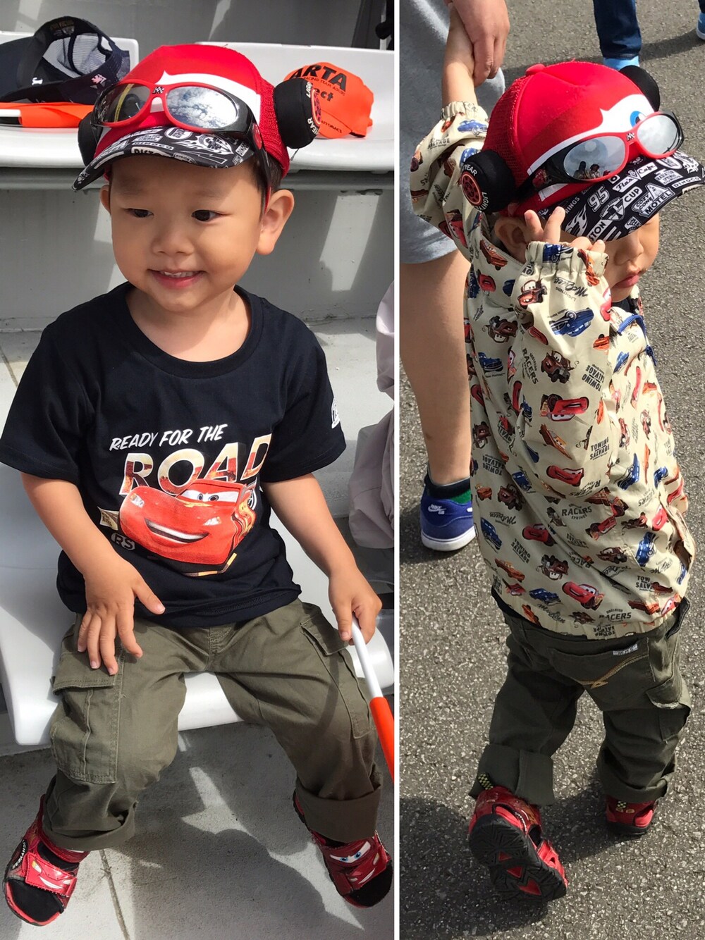 「富士スピードウェイ、GT選手権、カーズ」｜「ゴールウェイのアイテム（Tシャツ/カットソー、ブラック系）」を使った、y.s.m.yさん（キッズ・90cm）の春コーディネートの1枚目の写真