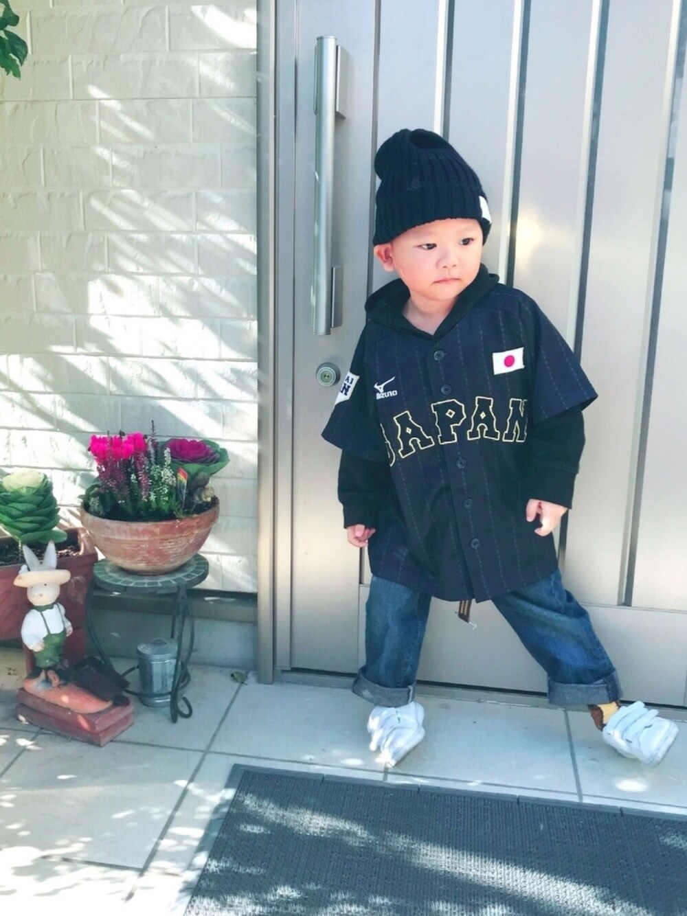 「MIZUNO、日本代表ウェア、Big John、GAP、DAISO、Branshes、パーカー」｜「DAISOのアイテム（ニットキャップ/ビーニー、ブラック系）」を使った、y.s.m.yさん（キッズ・100cm）の冬コーディネートの1枚目の写真