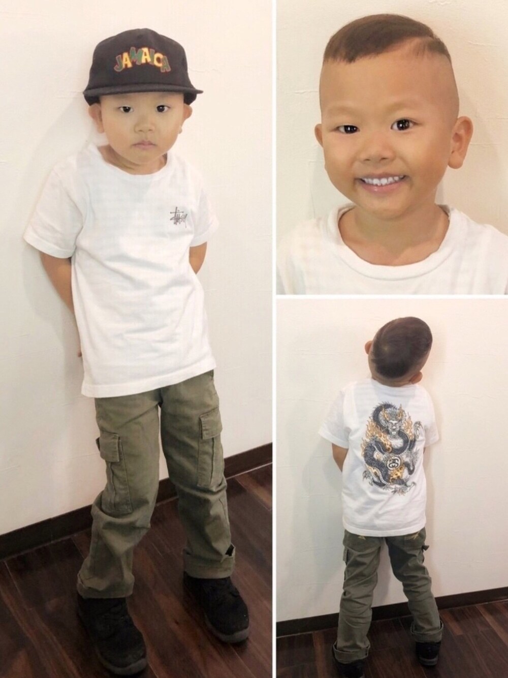 「stussy、Right-on、VANS、美容室、GIカット」｜「STUSSYのPeanuts Jamaica Ball Cap（キャップ、ブラック系）」を使った、y.s.m.yさん（キッズ・100cm）の秋コーディネートの1枚目の写真