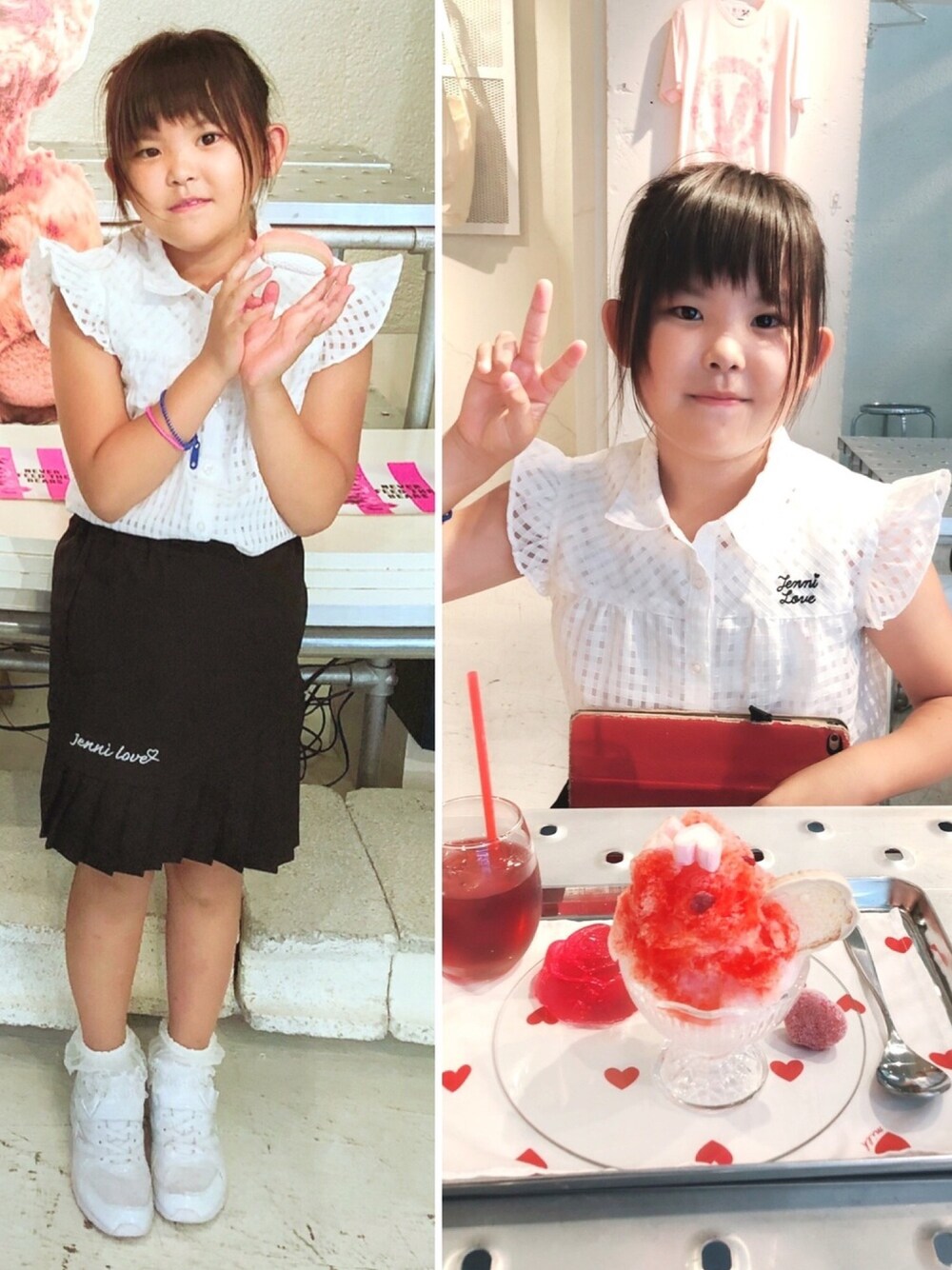 「JENNI love、catherine cottage、瞬足、原宿、かき氷」｜「JENNI loveの【カタログ掲載】チェックシフォンブラウス（シャツ/ブラウス、ホワイト系）」を使った、y.s.m.yさん（キッズ・138cm）の秋コーディネートの1枚目の写真