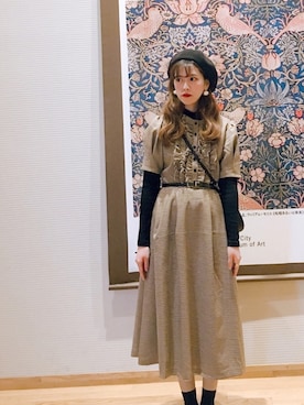「レトロワンピース」｜「アイテム（ハンチング/ベレー帽）」を使った、Hisayoさん（レディース・160cm）の春コーディネート