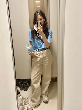 「blue」｜「アイテム（チノパンツ）」を使った、qq.pickleさん（レディース・158cm）の夏コーディネート