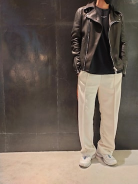 「ISAMU KATAYAMA BACKLASH（イサムカタヤマバックラッシュ）のアイテム（ライダースジャケット）」を使った、minamiさん（メンズ・173cm）の春コーディネート