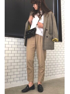 Jurinaaaさんの「＜高橋愛さんコラボ＞ラブ＆ピースプロジェクト　裏地配色がかわいいチェック柄のダブルボタンジャケット」を使ったコーディネート