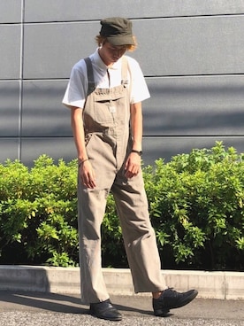 「ワークキャップ」｜「アイテム（オールインワン・サロペット）」を使った、KANTAさん（メンズ・187cm）の秋コーディネート