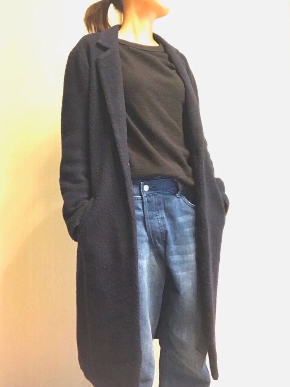 「GU、SHIPS、チェスターコート」｜「GUのアイテム（デニムパンツ、ブルー系）」を使った、CHIさん（レディース・160cm）の秋コーディネートの1枚目の写真