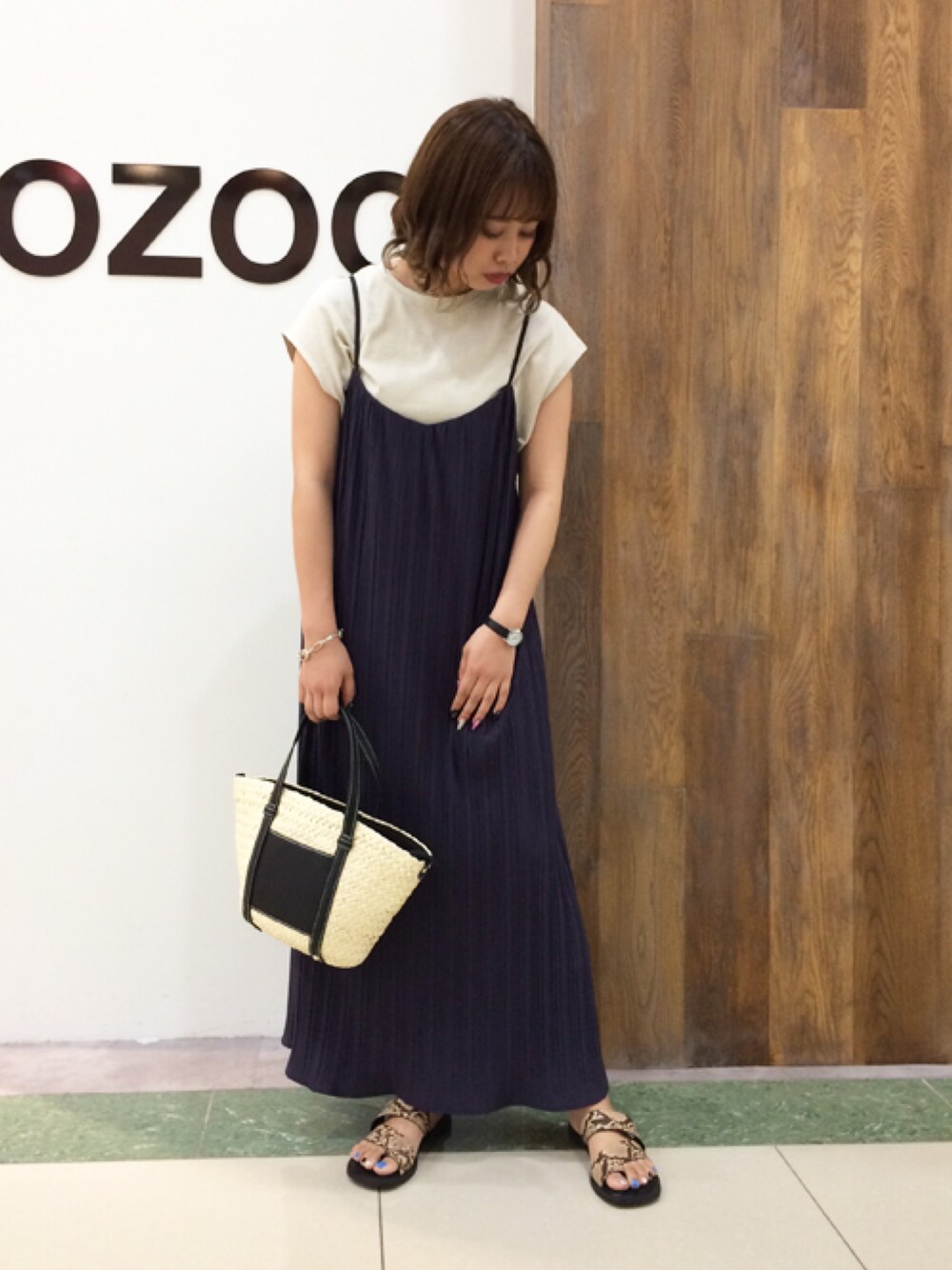 「キャミワンピース、ラクチンコーデ、今日のコーデ、きれいめカジュアル、大人カジュアル、ワンピース」｜「OZOCの[洗える]プリーツキャミワンピース（ワンピース、ブルー系）」を使った、OZOC_officialさん（レディース・160cm）の夏コーディネートの1枚目の写真