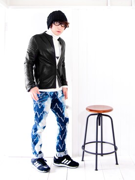 「ブリーチデニム」｜「アイテム（ライダースジャケット）」を使った、えてるさん（メンズ・159cm）の冬コーディネート