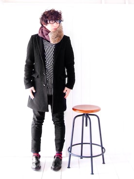 「ラビットファー」｜「アイテム（チェスターコート）」を使った、えてるさん（メンズ・159cm）の冬コーディネート