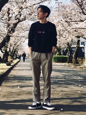 「花見」｜「アイテム（スラックス）」を使った、kazuさん（メンズ・170cm）の春コーディネート