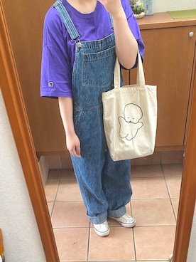 「usedのアイテム（サロペット/オーバーオール、ブルー系）」を使った、ぽさん（レディース・161cm）の夏コーディネート