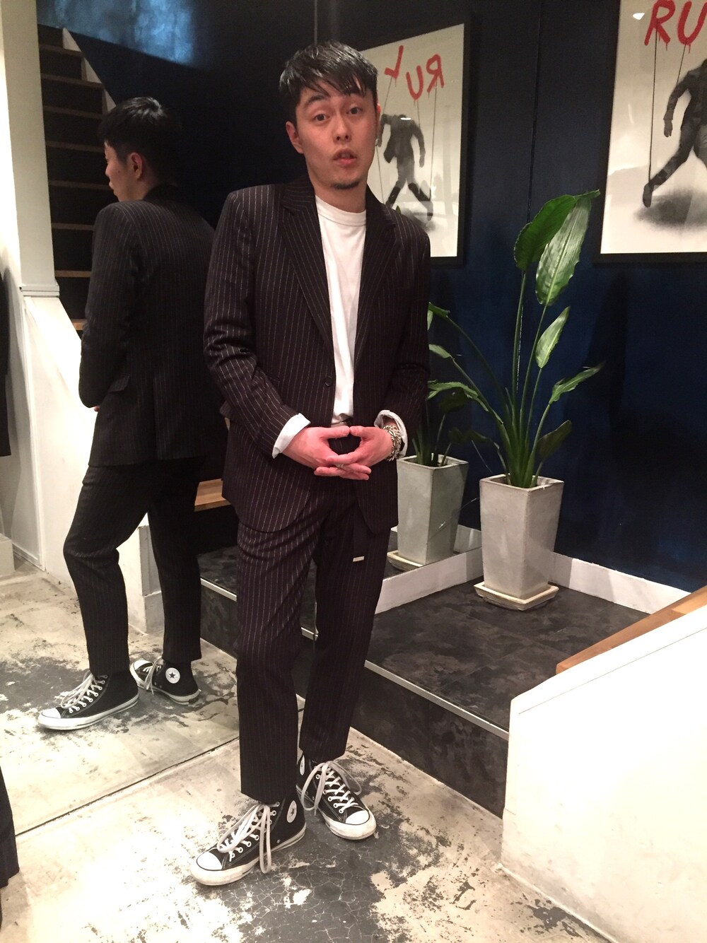 「ジャケット、コンバース、converse、スラックス、ロンT、timeison、春コーデ、Suit、Time is on」｜「Time is onの【BOXLOGOL/S】（その他、その他）」を使った、Timeisonさん（メンズ・175cm）の春コーディネートの1枚目の写真